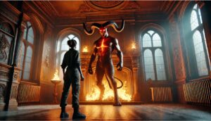 Woman faces demon in fiery mansion.