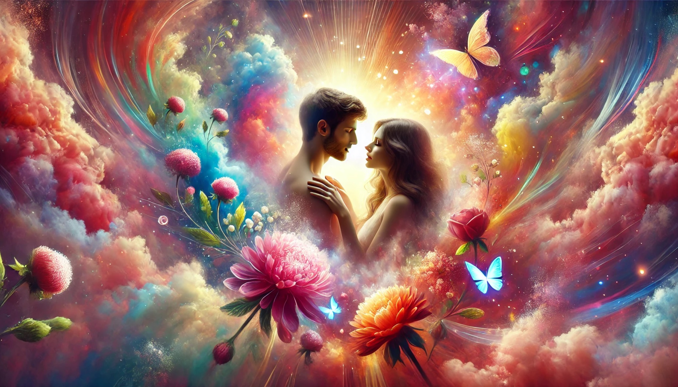 Romantic couple surrounded by glowing flowers.