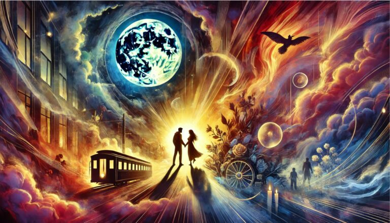 Suspenseful couple under glowing moonlight.