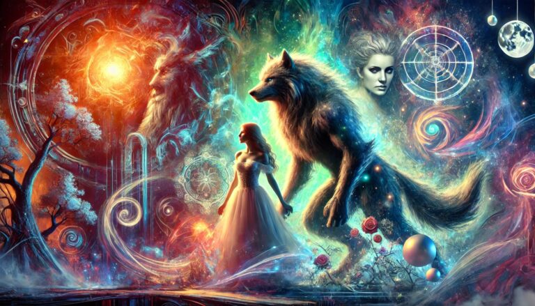 Mystical forest with a protective werewolf.