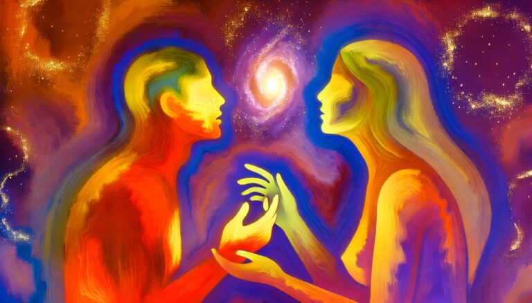 Vibrant couple interacting with mystical background.