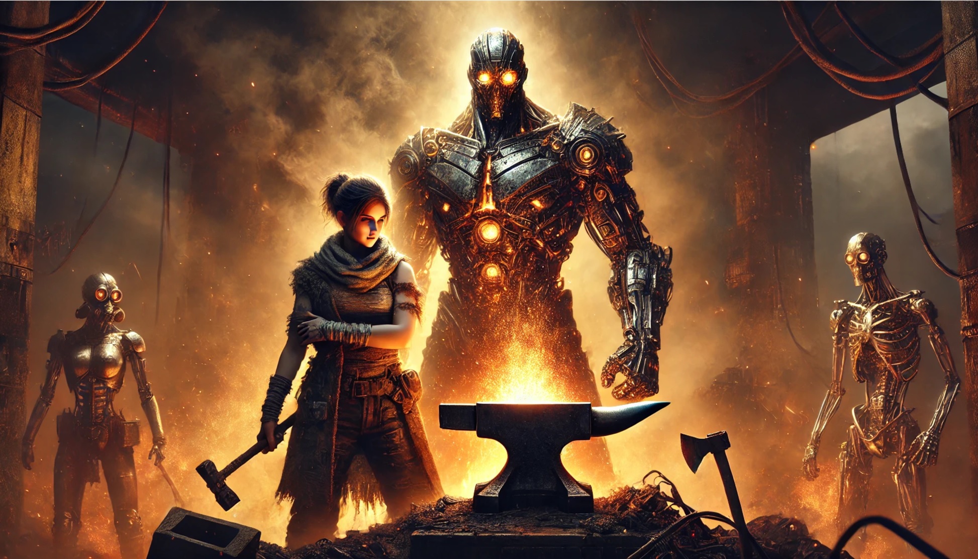 Wasteland forge with human and Forgekeeper.