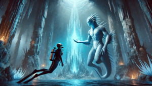 Female diver near male sea creature.