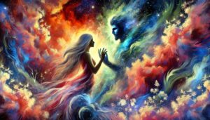 Ethereal romance scene with cosmic tones.