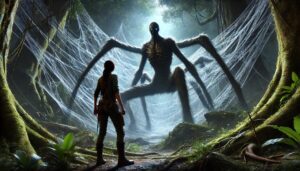 Jungle web with explorer and arachnid figure.