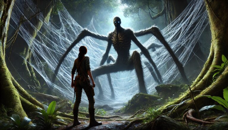 Jungle web with explorer and arachnid figure.