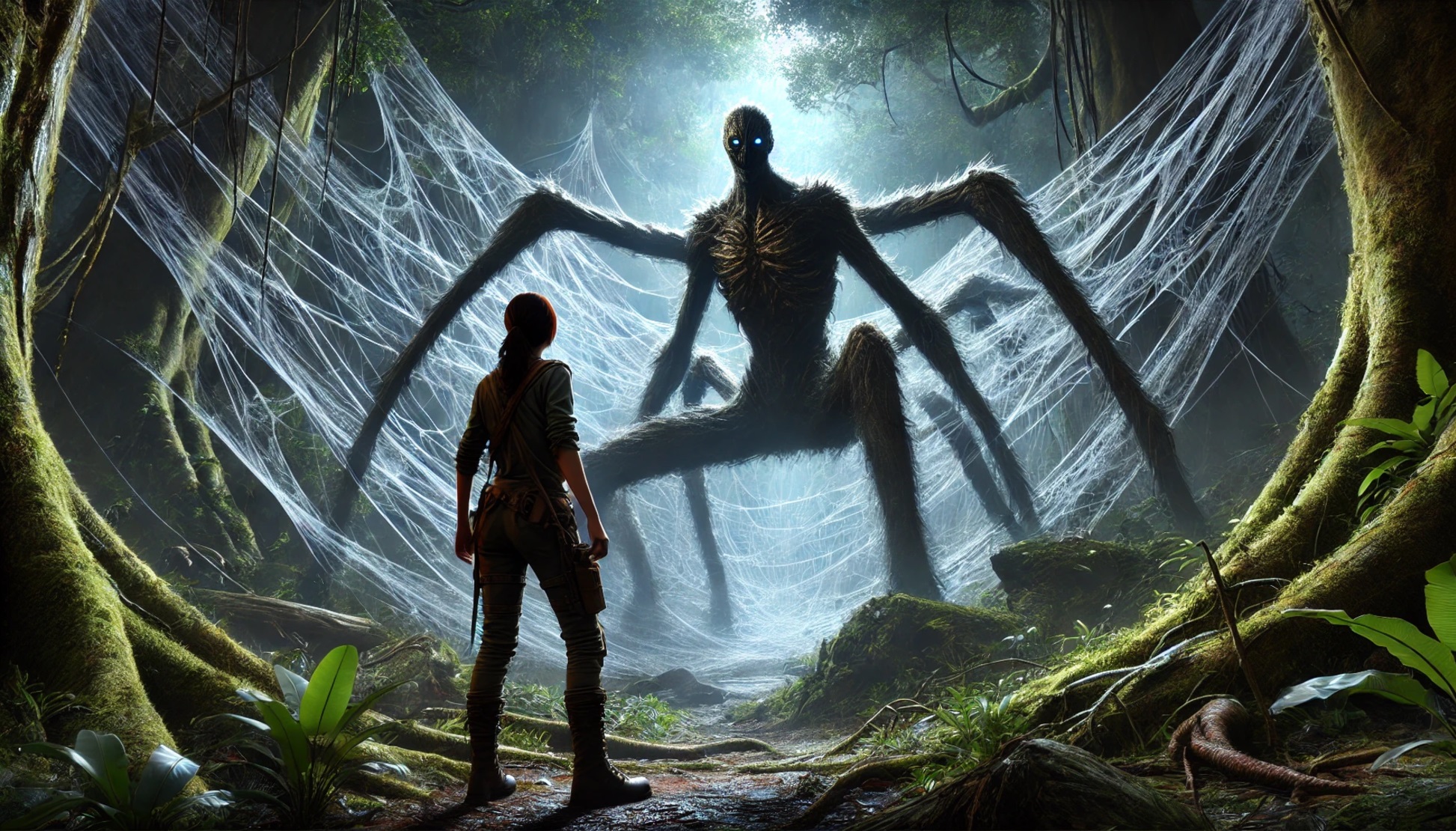 Jungle web with explorer and arachnid figure.