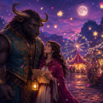 Gentle minotaur-like monster hero with a human heroine at a magical night carnival