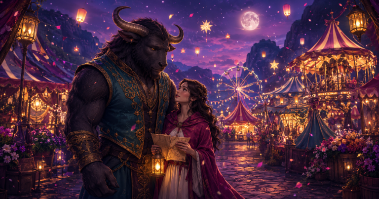 Gentle minotaur-like monster hero with a human heroine at a magical night carnival