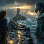 Kelpie-like storm monster hero meeting a brave heroine on a lighthouse causeway at dusk