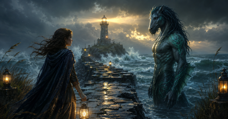 Kelpie-like storm monster hero meeting a brave heroine on a lighthouse causeway at dusk