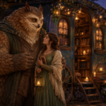 Gentle owl-bear monster hero with a human heroine beside a magical bookshop wagon at twilight