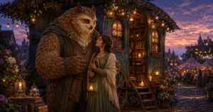Gentle owl-bear monster hero with a human heroine beside a magical bookshop wagon at twilight