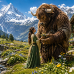 Gentle giant mountain monster hero with a human heroine in a bright alpine meadow