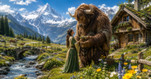 Gentle giant mountain monster hero with a human heroine in a bright alpine meadow