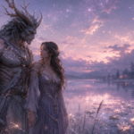 Monster romance scene with a gentle creature hero and brave heroine beside a lavender enchanted lake