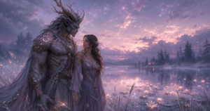 Monster romance scene with a gentle creature hero and brave heroine beside a lavender enchanted lake