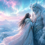 Human heroine standing beside a gentle frost guardian on a snowy cliff at arctic dawn