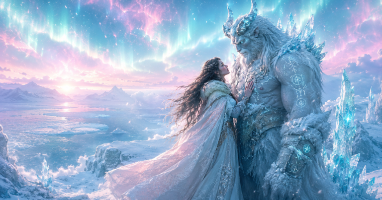 Human heroine standing beside a gentle frost guardian on a snowy cliff at arctic dawn