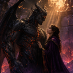 Dangerous obsidian monster hero standing protectively with a brave heroine in a volcanic fantasy sanctuary