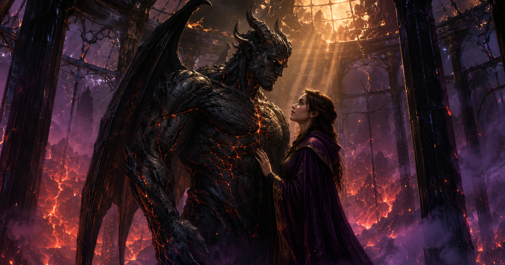 Dangerous obsidian monster hero standing protectively with a brave heroine in a volcanic fantasy sanctuary