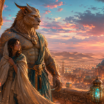 Noble sphinx-like monster hero with a brave heroine on a desert terrace at twilight
