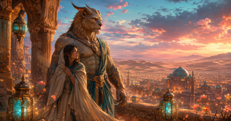 Noble sphinx-like monster hero with a brave heroine on a desert terrace at twilight
