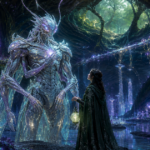 Non-human crystalline monster hero with a brave heroine in a glowing mycelium cavern