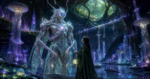 Non-human crystalline monster hero with a brave heroine in a glowing mycelium cavern