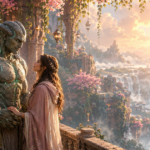 River-stone monster hero with a human heroine in a sunrise hanging garden above a waterfall valley