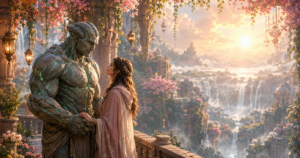 River-stone monster hero with a human heroine in a sunrise hanging garden above a waterfall valley