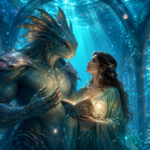 Strange sea creature hero and brave heroine in a magical underwater crystal library