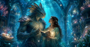 Strange sea creature hero and brave heroine in a magical underwater crystal library