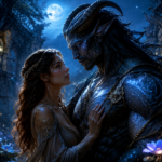 Attractive non-human monster hero with a brave heroine in a romantic moonlit fantasy setting