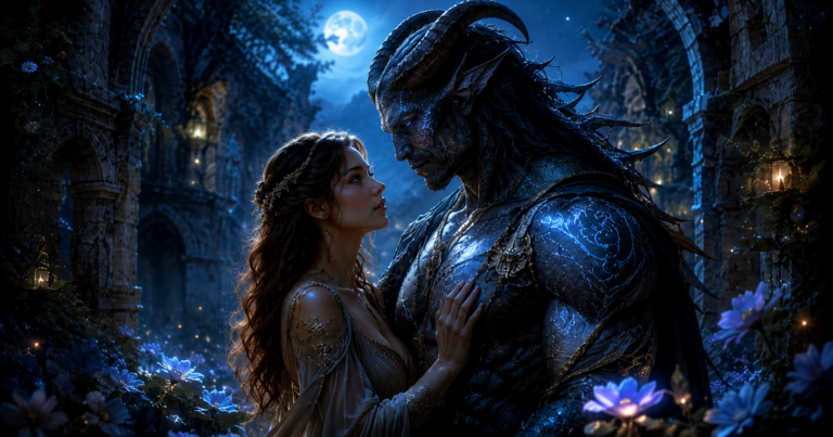 Attractive non-human monster hero with a brave heroine in a romantic moonlit fantasy setting