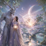 Mysterious moth-winged monster hero with a brave heroine in a floating star observatory city