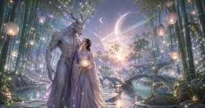 Mysterious moth-winged monster hero with a brave heroine in a floating star observatory city
