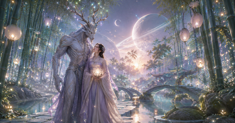 Mysterious moth-winged monster hero with a brave heroine in a floating star observatory city