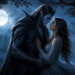 Monster romance hero and human heroine standing together in a moonlit gothic forest, showing trust, tenderness, and romantic tension.