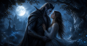 Monster romance hero and human heroine standing together in a moonlit gothic forest, showing trust, tenderness, and romantic tension.