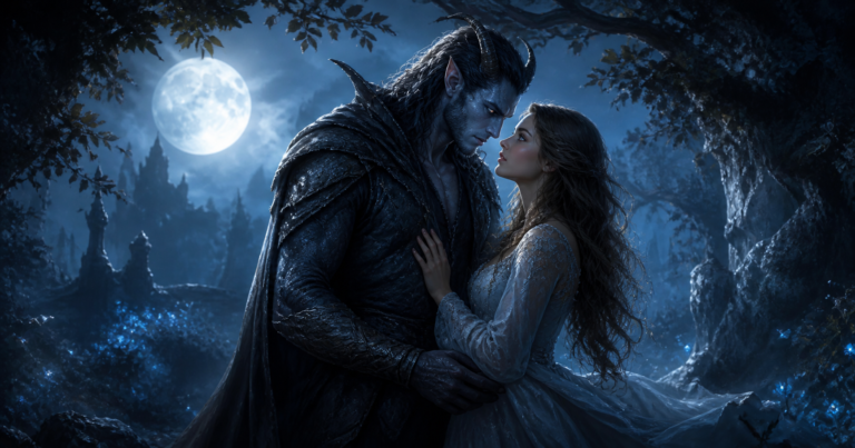 Monster romance hero and human heroine standing together in a moonlit gothic forest, showing trust, tenderness, and romantic tension.