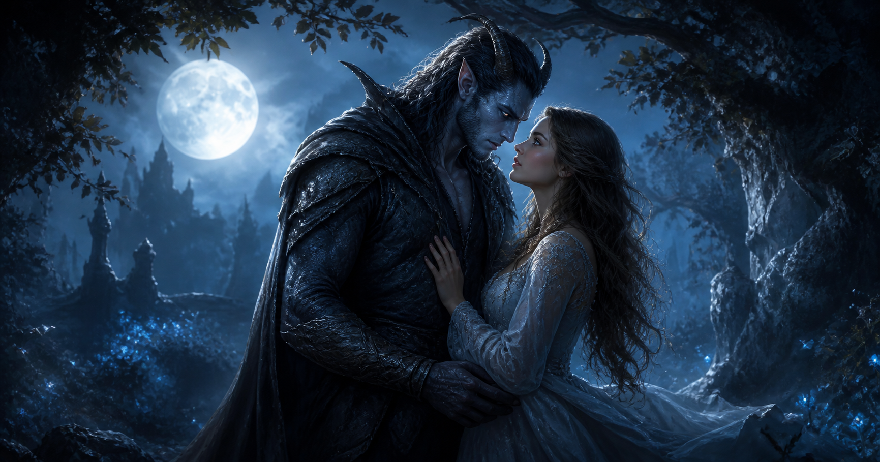 Monster romance hero and human heroine standing together in a moonlit gothic forest, showing trust, tenderness, and romantic tension.