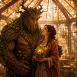 Gentle forest monster hero with a brave heroine in a cozy enchanted woodland greenhouse