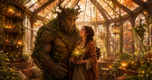 Gentle forest monster hero with a brave heroine in a cozy enchanted woodland greenhouse