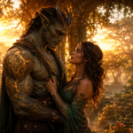 Monster romance scene with a gentle creature hero and brave heroine in warm golden ruins
