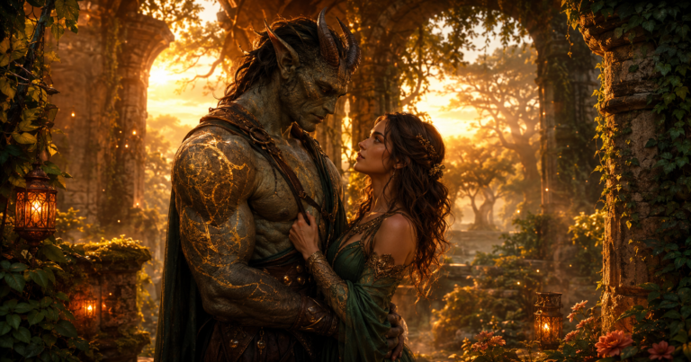 Monster romance scene with a gentle creature hero and brave heroine in warm golden ruins