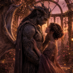 Tender monster hero standing protectively beside a brave human heroine in a moonlit gothic forest with romantic blue mist.