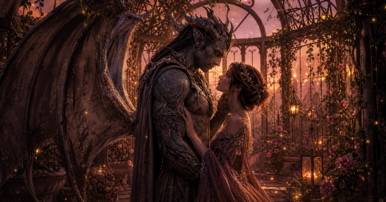 Tender monster hero standing protectively beside a brave human heroine in a moonlit gothic forest with romantic blue mist.