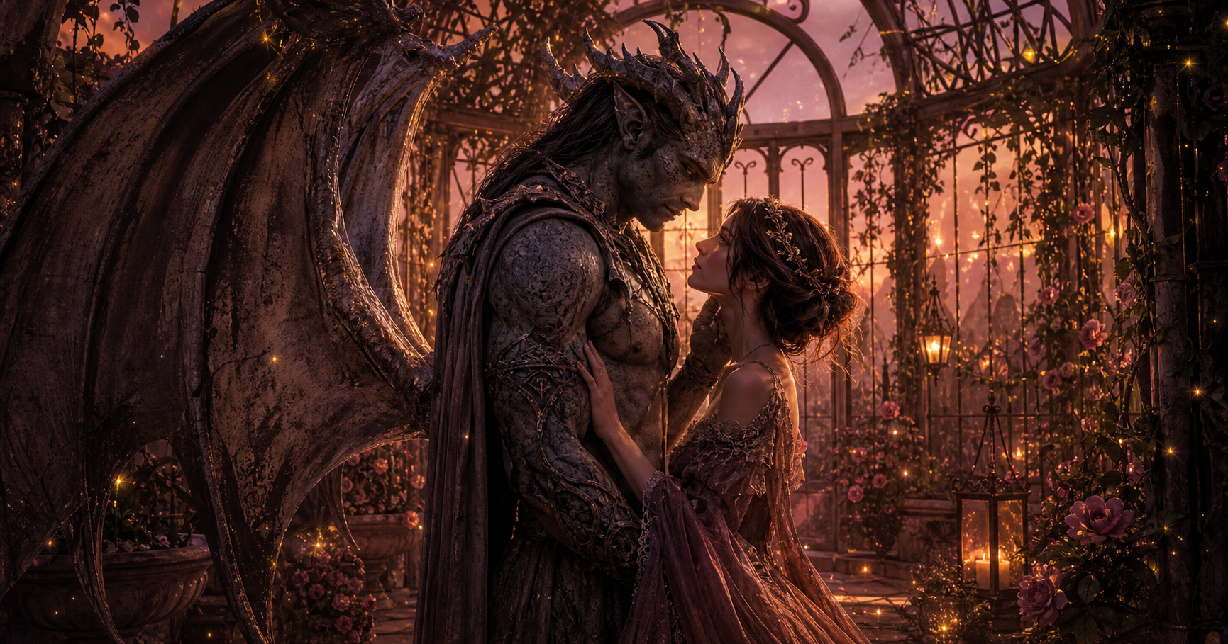 Tender monster hero standing protectively beside a brave human heroine in a moonlit gothic forest with romantic blue mist.